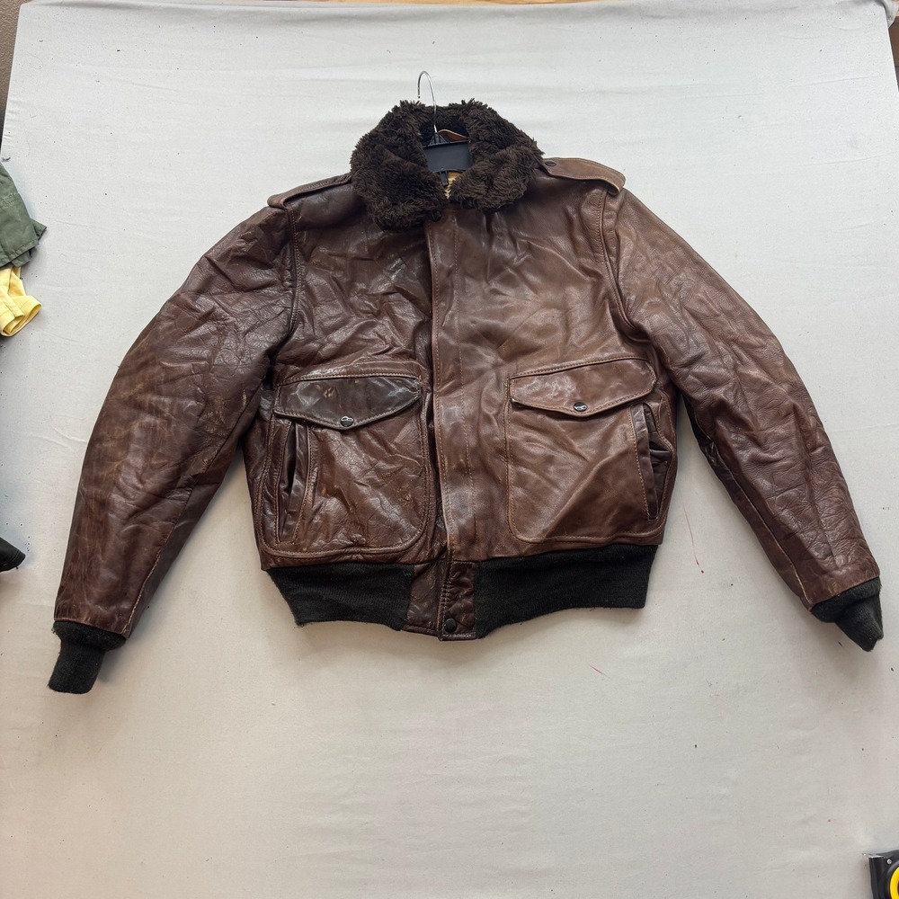 Vintage Schott NYC Brown Leather Flight Jacket Bomber Faux Fur Collar Size 40